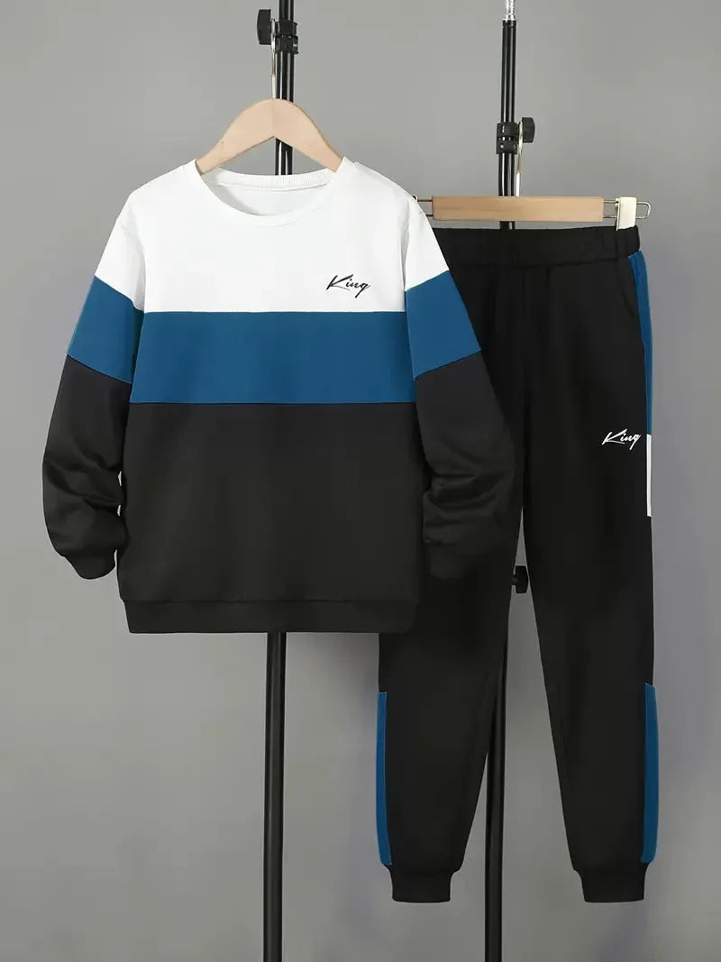 Design Sense boys cotton blend pullover hoodie and jogger trousers two-piece set in multicolour options