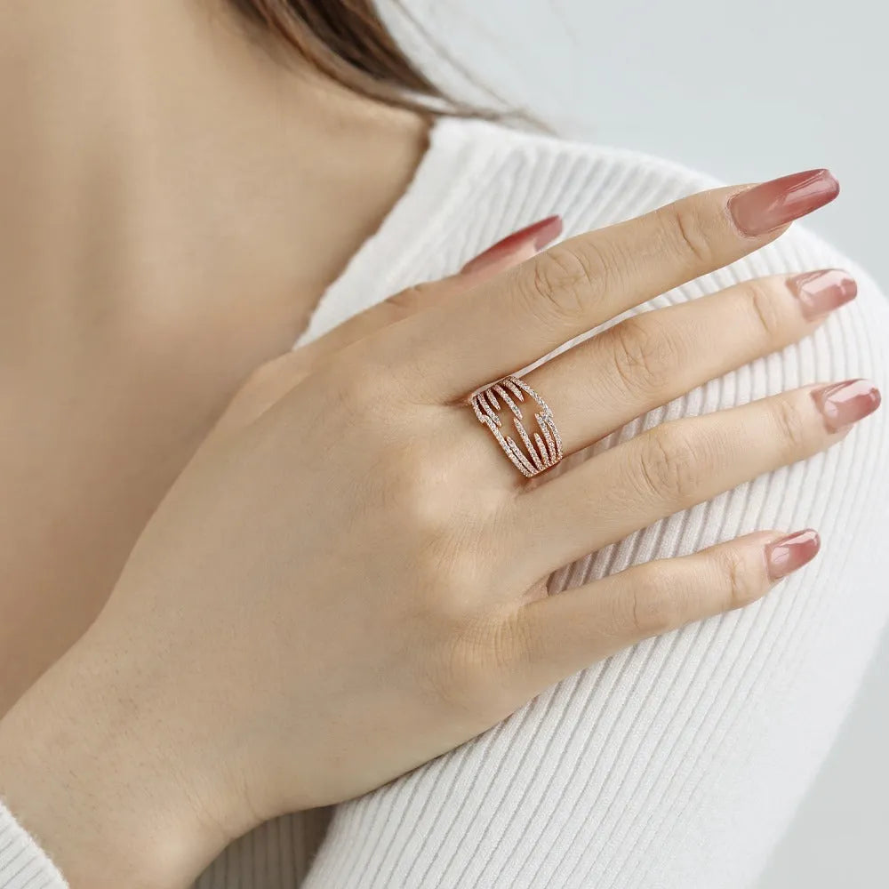 S925 sterling silver women's ring with multi-layer irregular line design and diamond accent in silver or rose gold