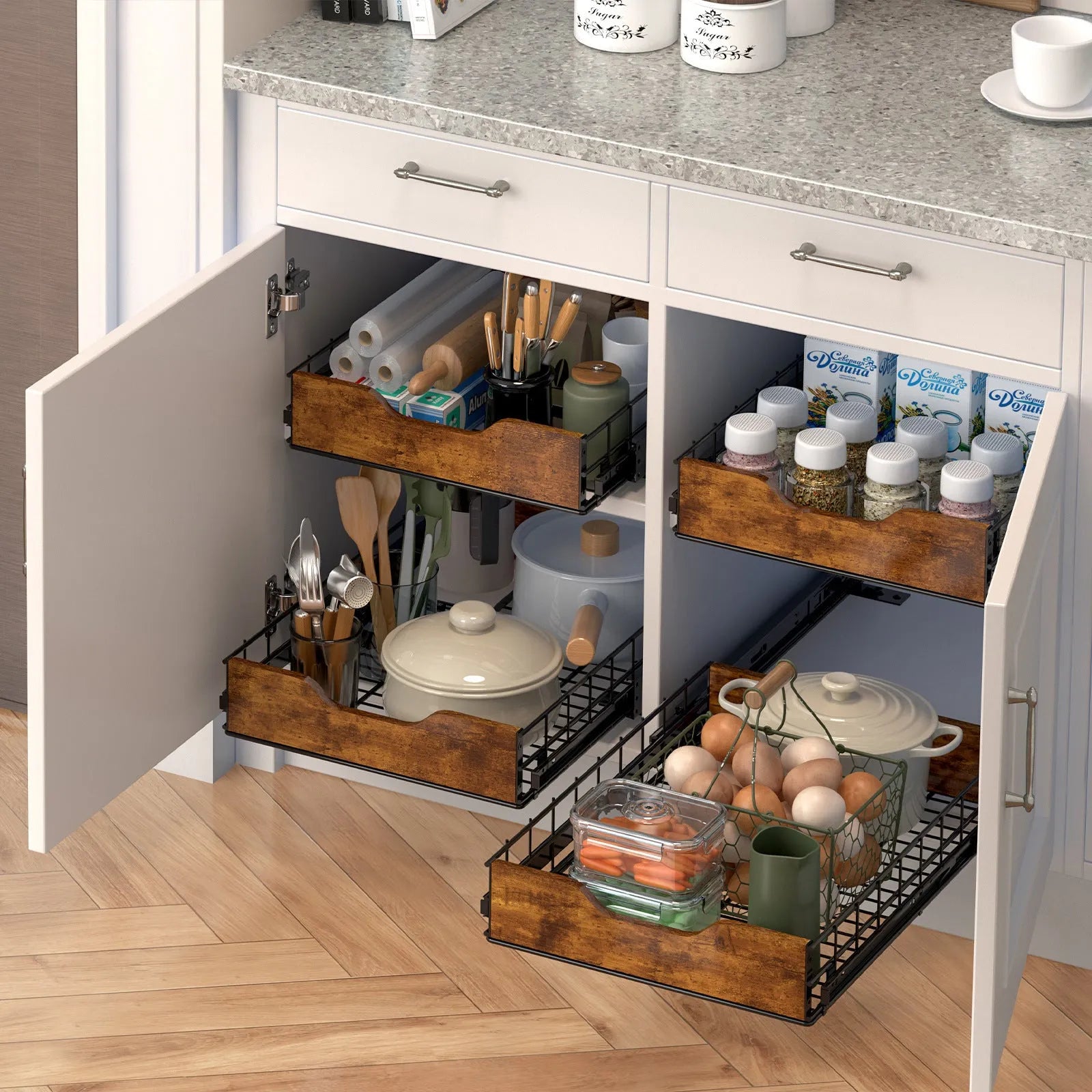 Black two-tier pull-out kitchen storage rack with basket drawers, made from wood and iron.
