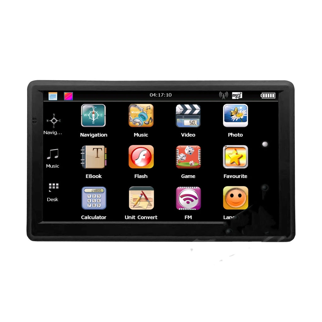 7-inch portable car GPS navigation device on a dashboard with mounting bracket and car charger.