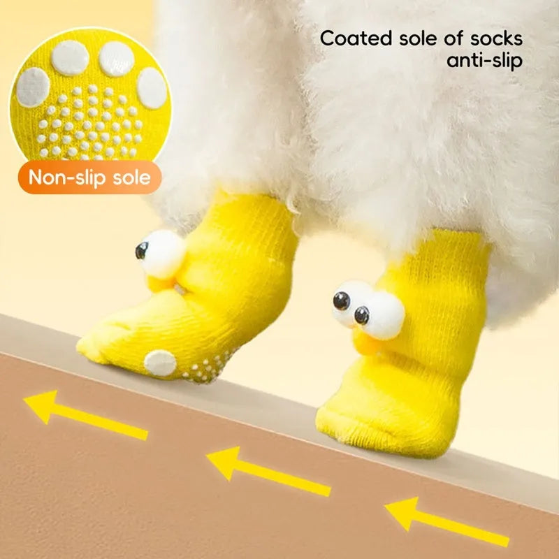 Cartoon big-eyes dog socks with anti-slip particles, cotton blend, green grey purple yellow, sizes S M L