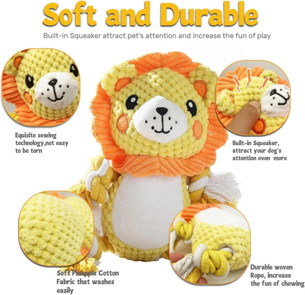 Lion and monkey plush squeaky dog toys bundle for medium to large breed dogs