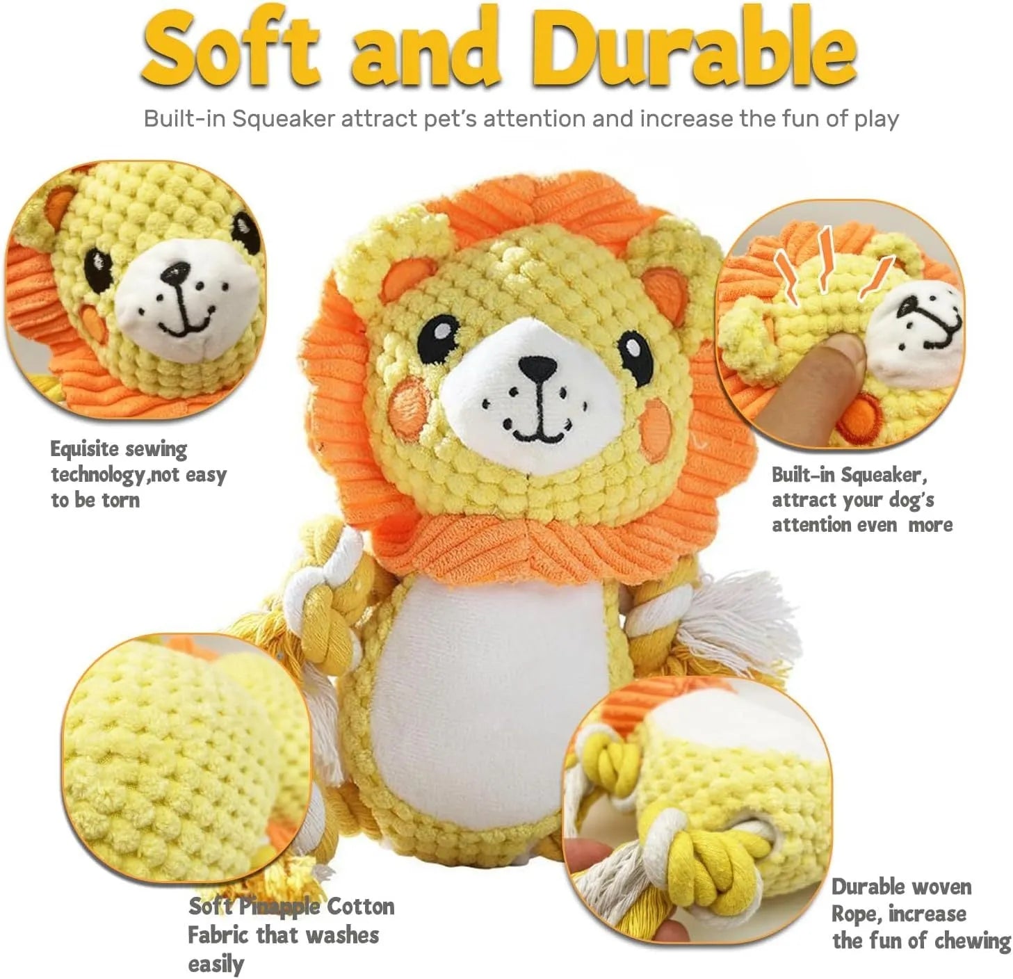 Lion and monkey plush squeaky dog toys bundle for medium to large breed dogs