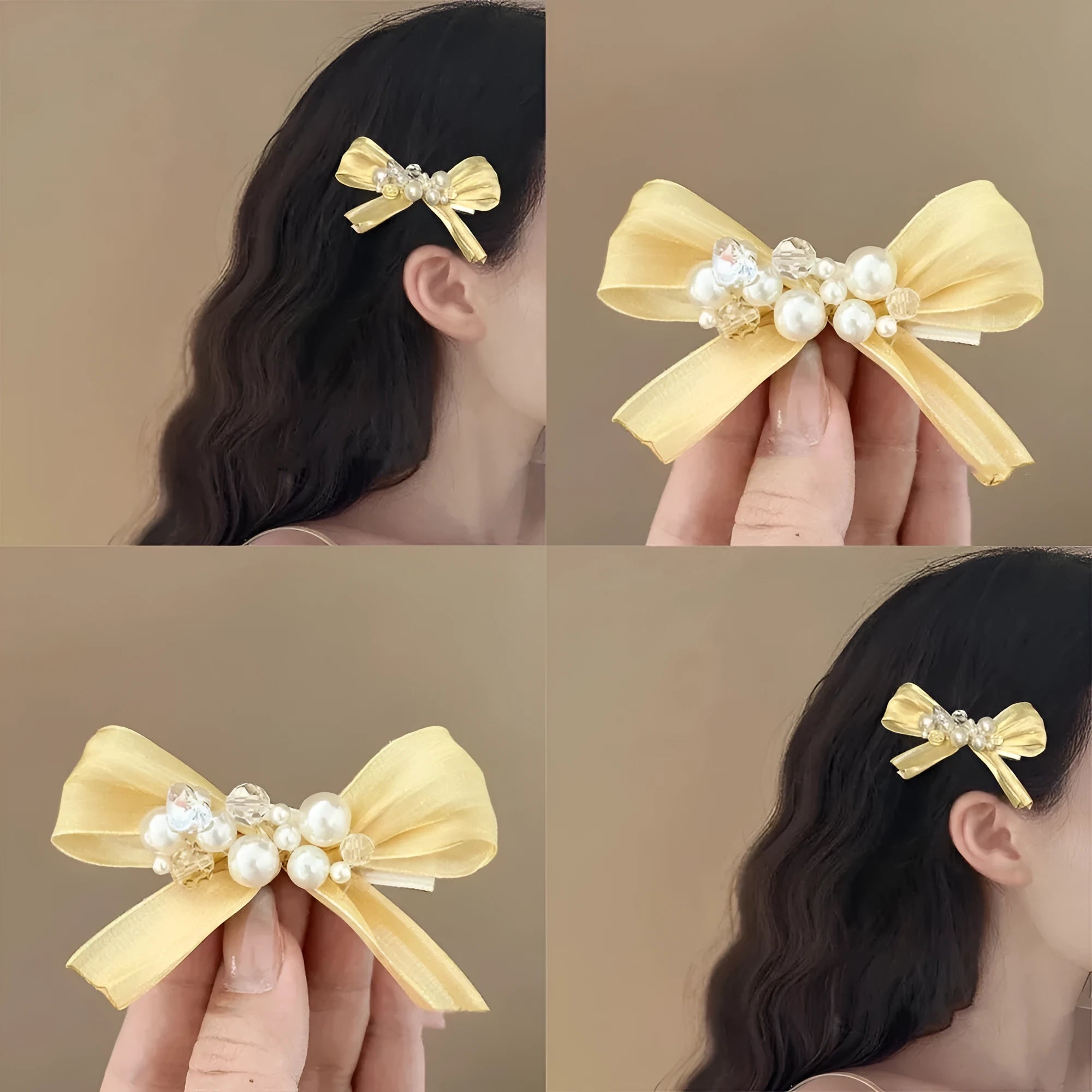 Yellow cloth bow barrette with rhinestones and a pearl on a plastic duckbill hair clip.