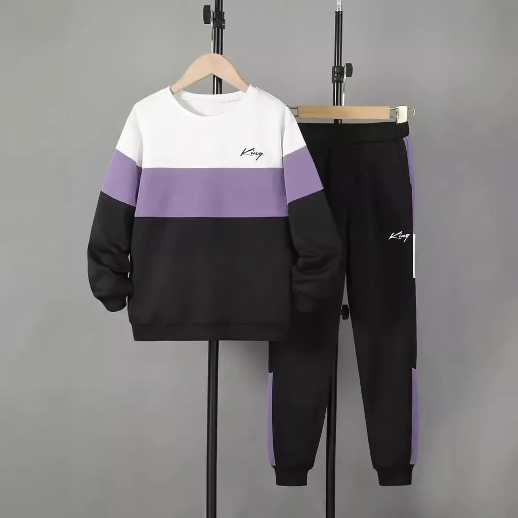 Design Sense boys cotton blend pullover hoodie and jogger trousers two-piece set in multicolour options