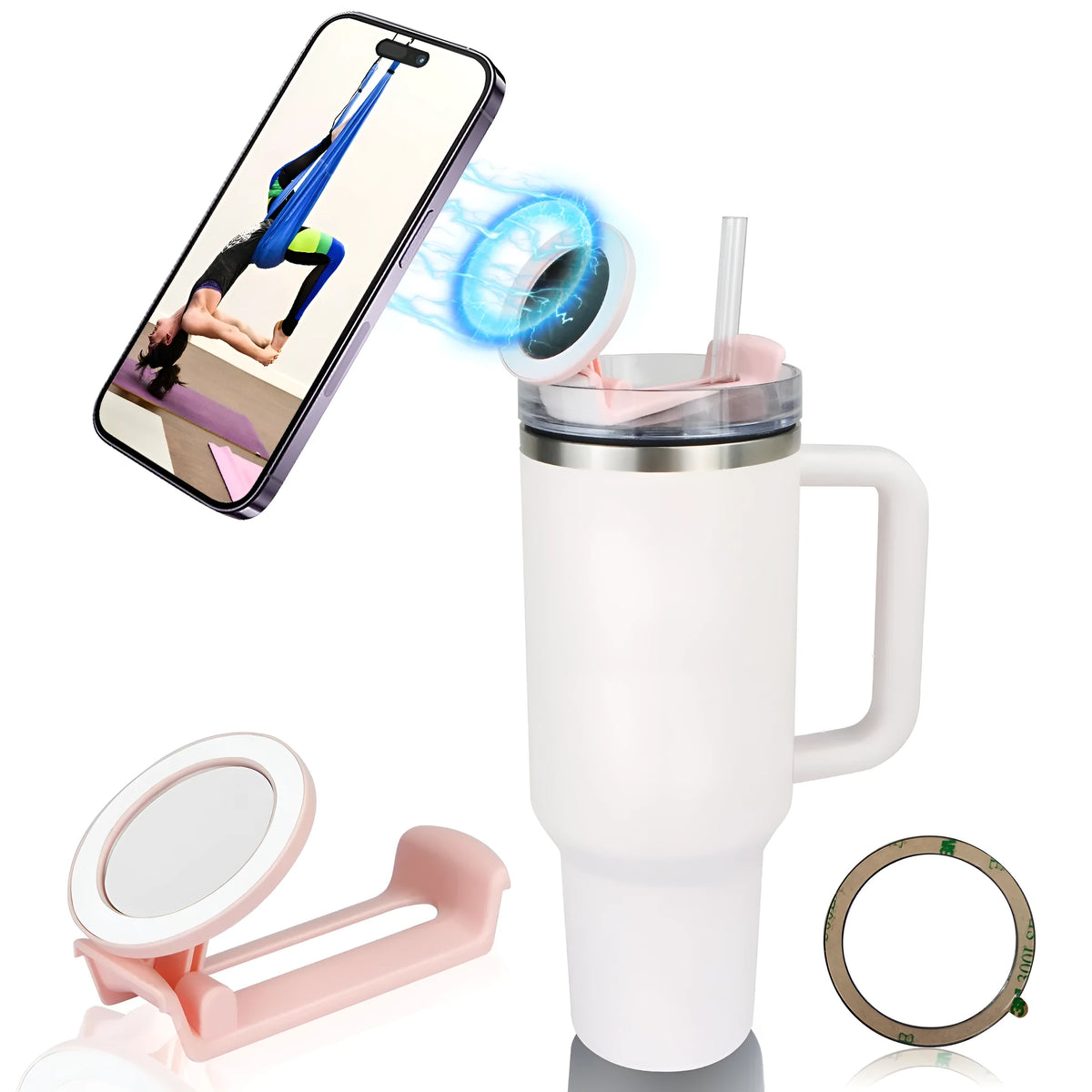 Water cup mobile phone holder in pink, black, or white with magnetic plastic universal bracket design