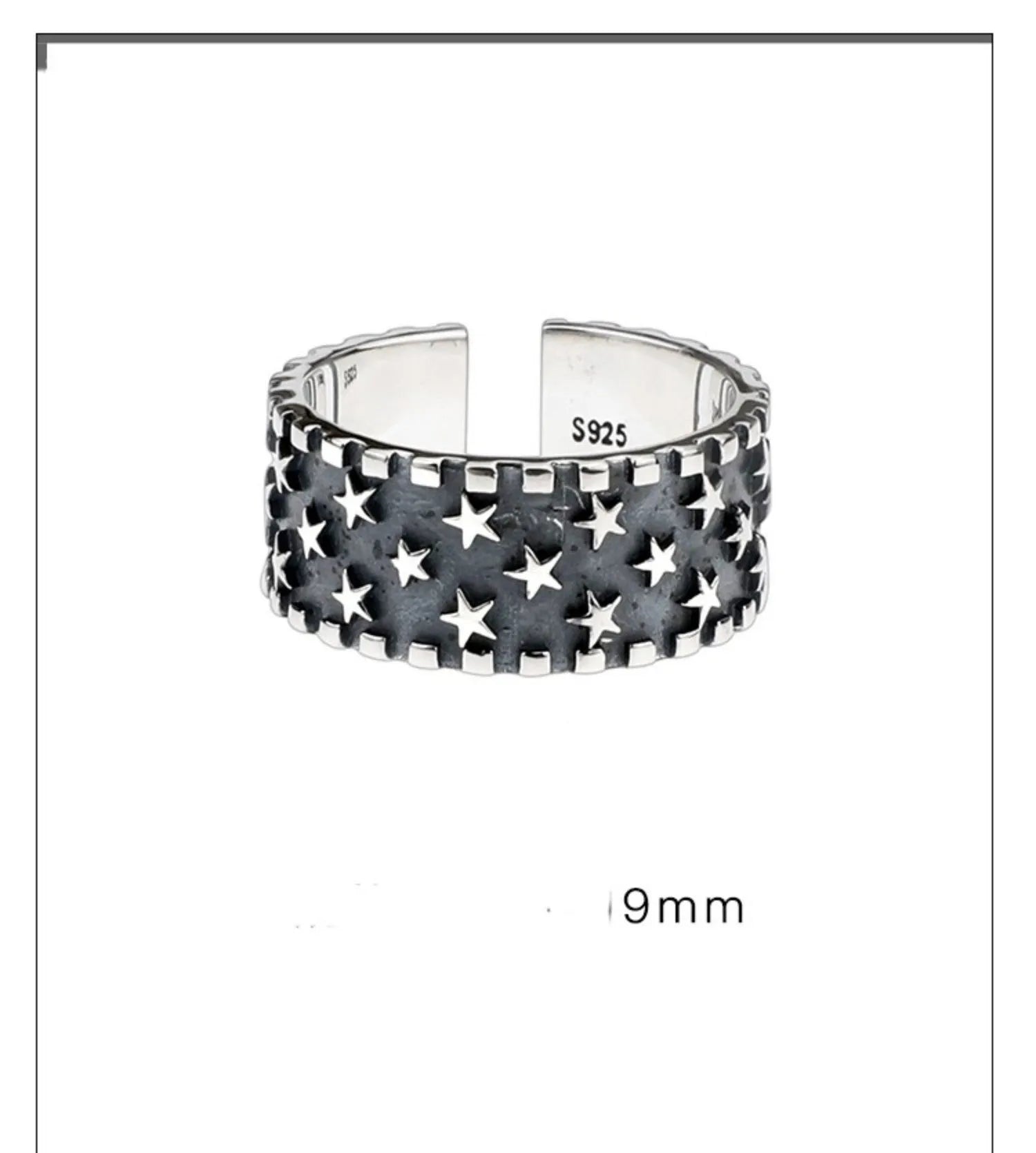 Adjustable sterling silver ring showing multiple five-pointed star geometric pattern on band