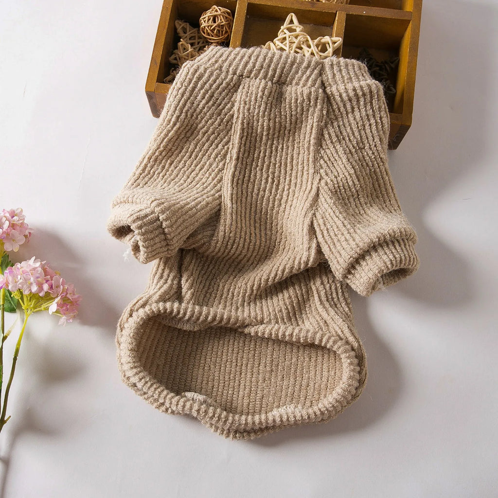 Brown cloth pullover sweater on a small dog, showing casual style and fit.