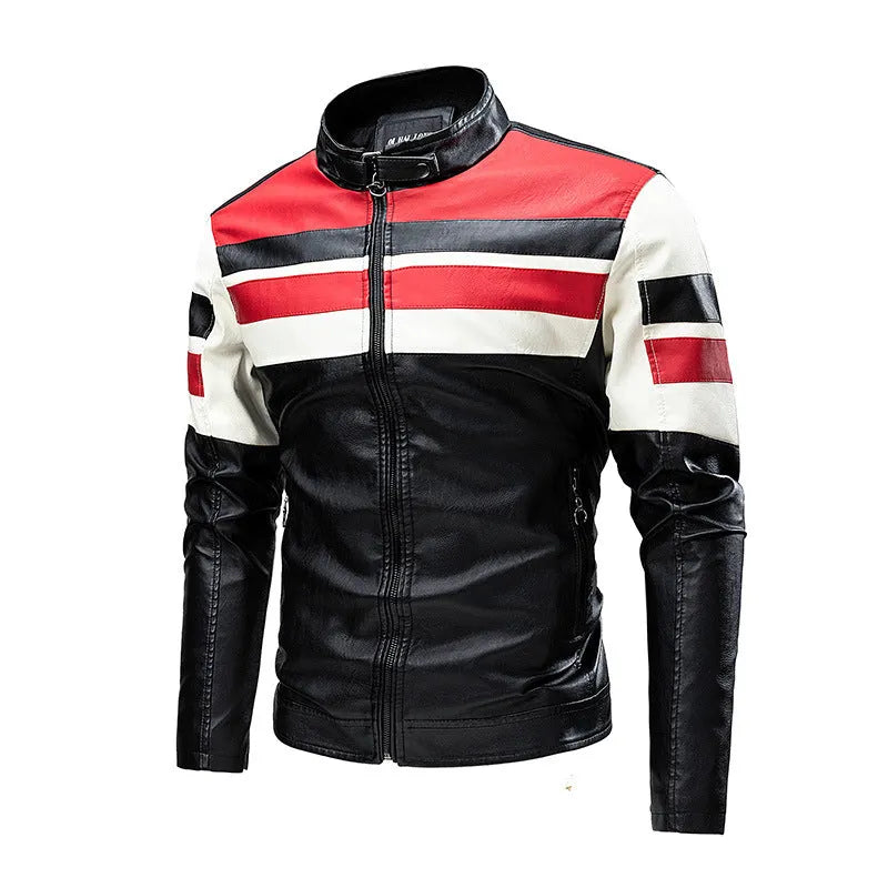 Men's PU leather motorcycle jacket with stand collar and zipper pockets, retro style, brick red, brown or ivory white