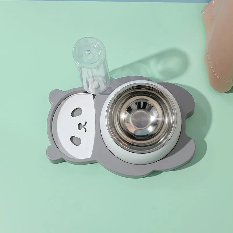 Grey elevated pet bowl set with automatic water bottle and panda design for cats and small dogs