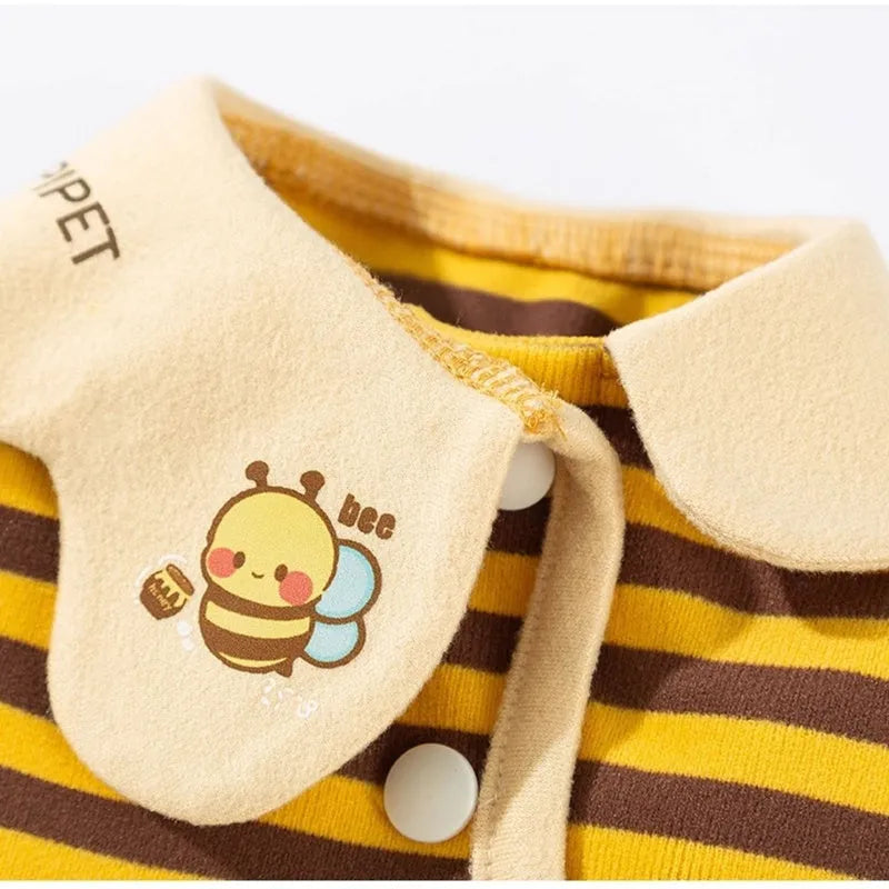 Dog pajama suit with yellowish-brown bee pattern on stripes, four-legged design, and lapel collar for small pets