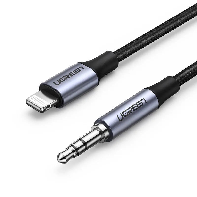 Black Apple Lightning to 3.5mm audio cable adapter with braided cable for car use