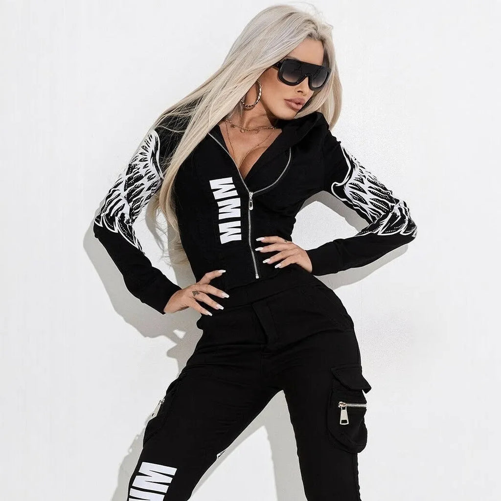 Black women's casual suit with wings print on zip hood top and matching trousers.