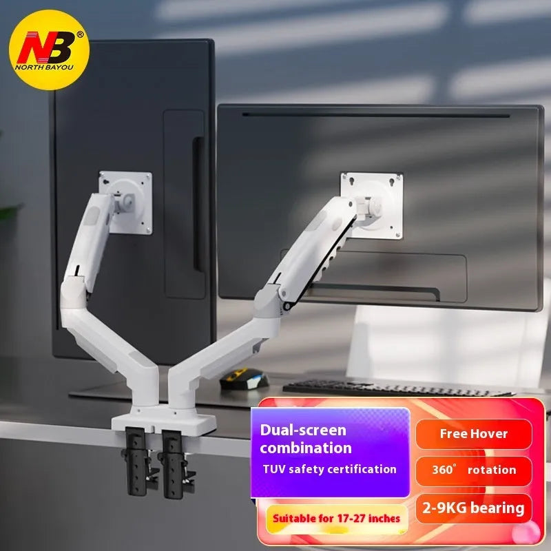 Aluminium dual monitor desk stand holding two screens, with mechanical adjustment arms.