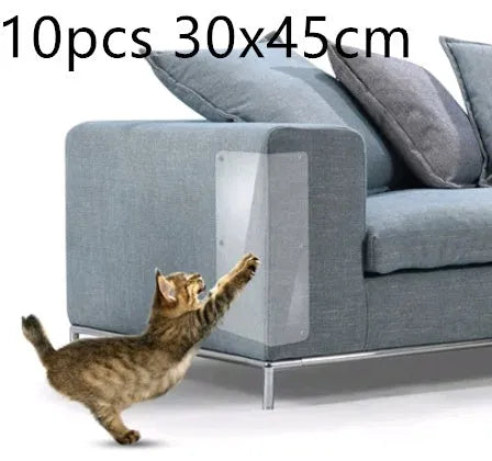 Two transparent PVC self-adhesive cat claw protector pads on a leather sofa arm, each 47x15cm