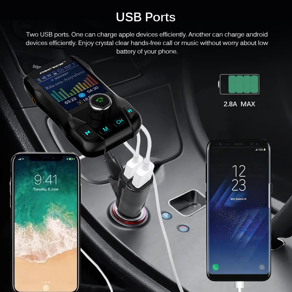 Black car Bluetooth FM transmitter with colour screen and dual USB ports plugged into a car dashboard.