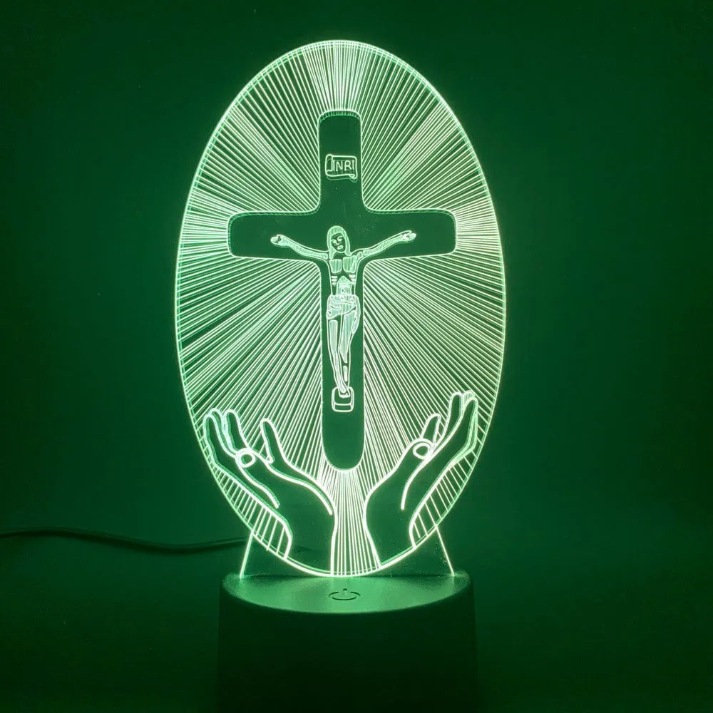 Cross acrylic 3D night light with LED, showing 200x150mm slim panel and colour glow