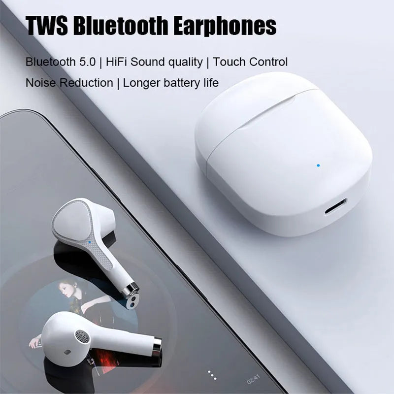 White true wireless Bluetooth 5.0 in-ear sports headset with charging box, Type-C interface, and ergonomic earbuds