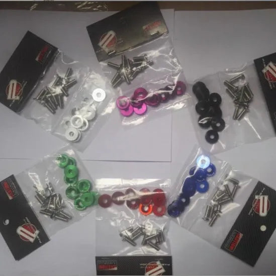 Car modification gasket screw and washer kit in eight colour options including black, red, blue, and gold yellow