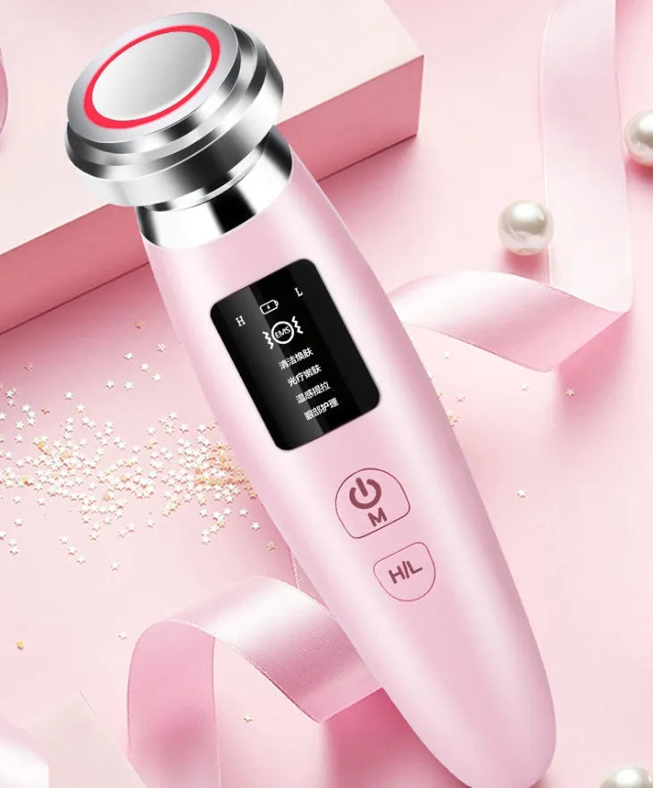 Pink skin rejuvenation instrument handheld facial cleansing beauty device showing dimensions