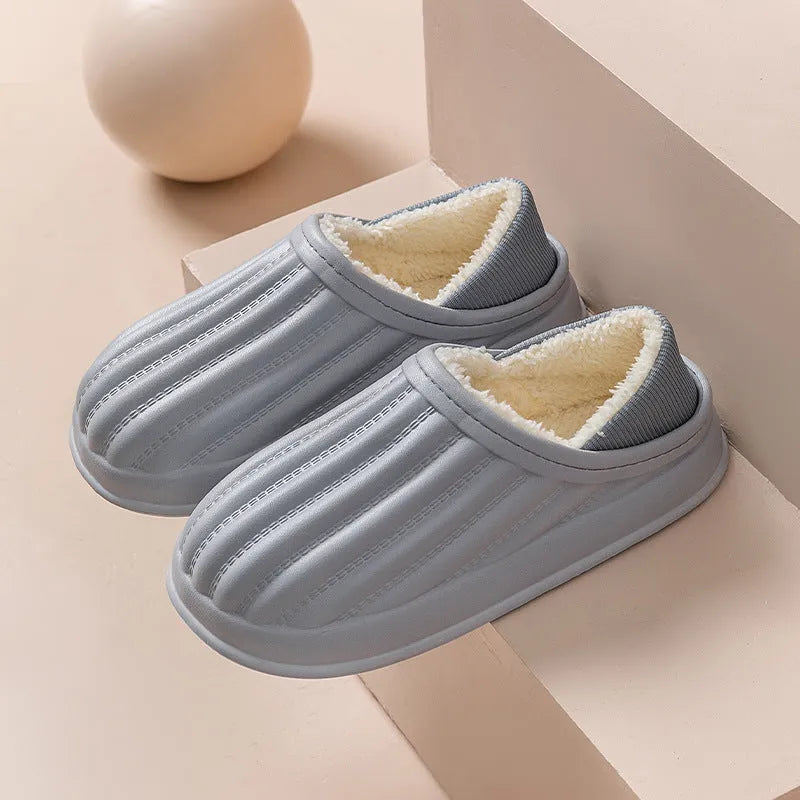 Thickened couple slippers in grey, EVA sole, non-slip, round toe, plush lined winter home shoes