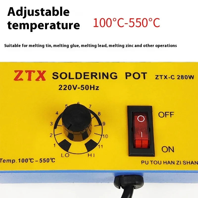 A desktop thermostat-controlled tin melting furnace with adjustable temperature dial.