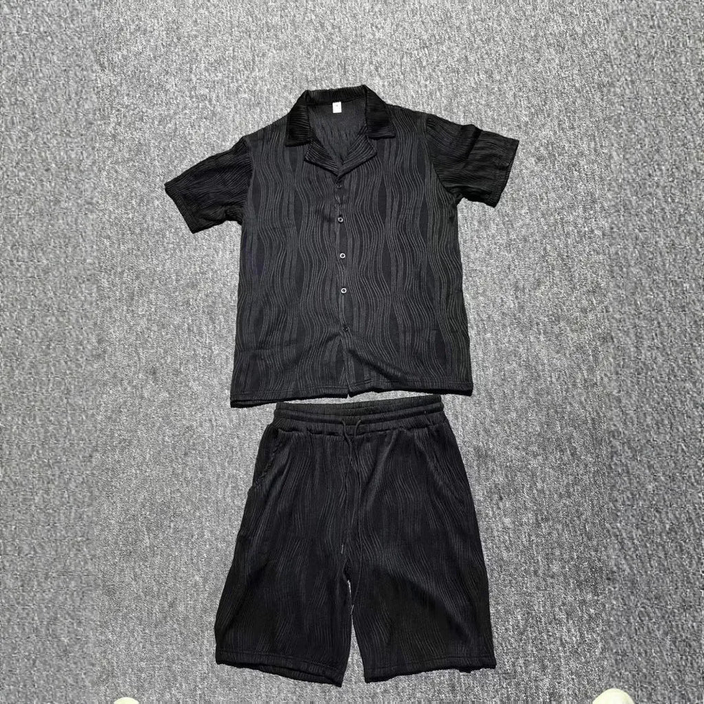 Men's black wave pattern shorts suit with short sleeve top and matching casual shorts