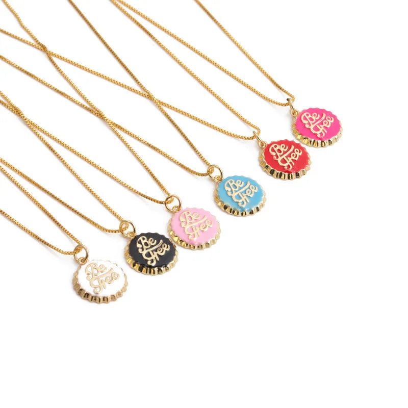 Copper bottle cap pendant necklace with 18K gold electroplating on a 40cm box chain.