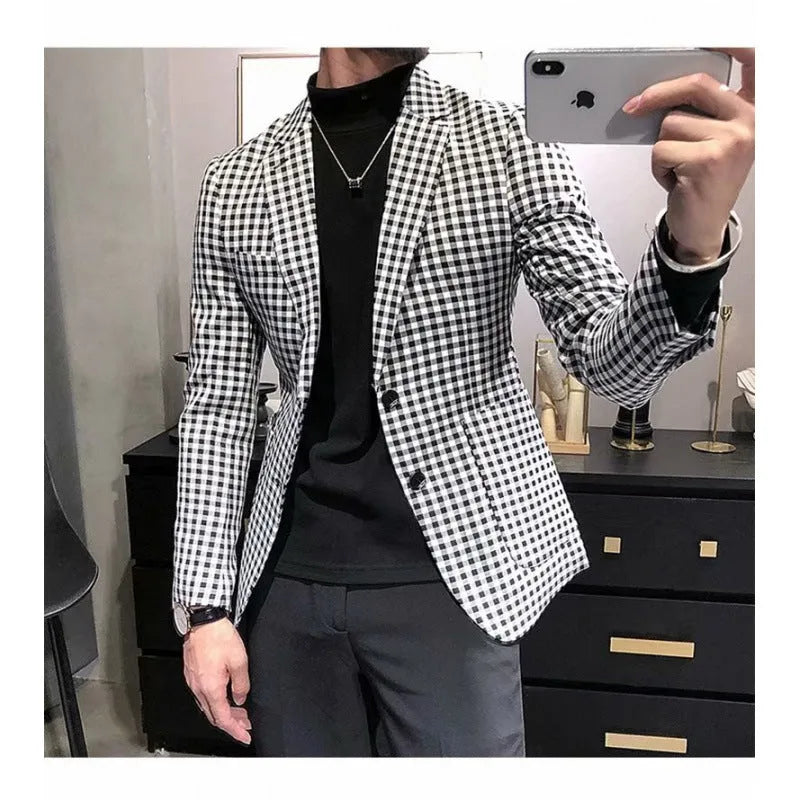 Black and white plaid casual slim-fit jacket for youth, cotton blend, regular length, sizes M to 2XL