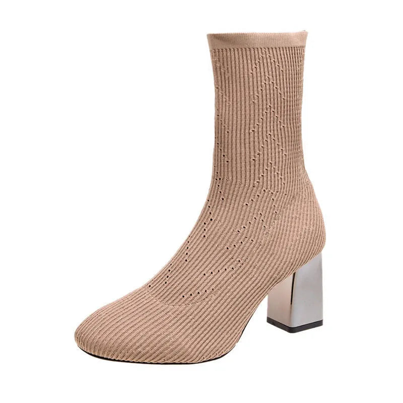 Elastic women's boots flat heel mesh panel short tube PU black colour size 34-40