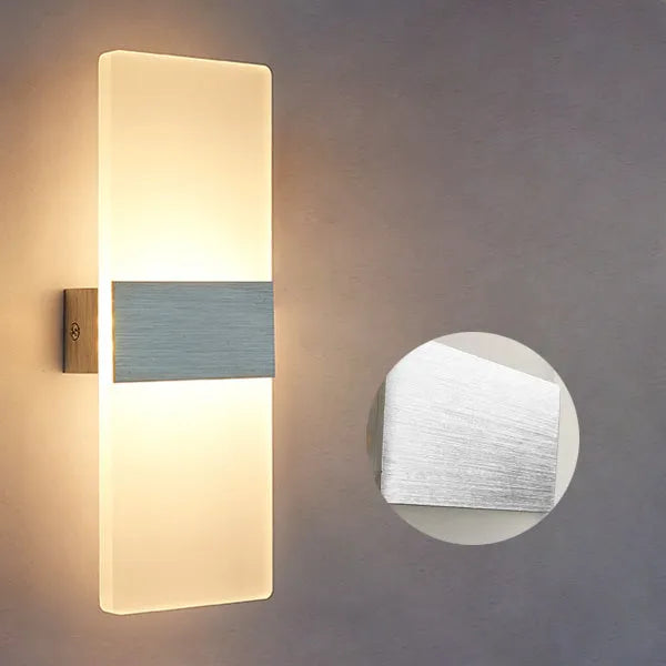 Modern acrylic wall lamp for corridor with LED light in silver, black, or gold finish.