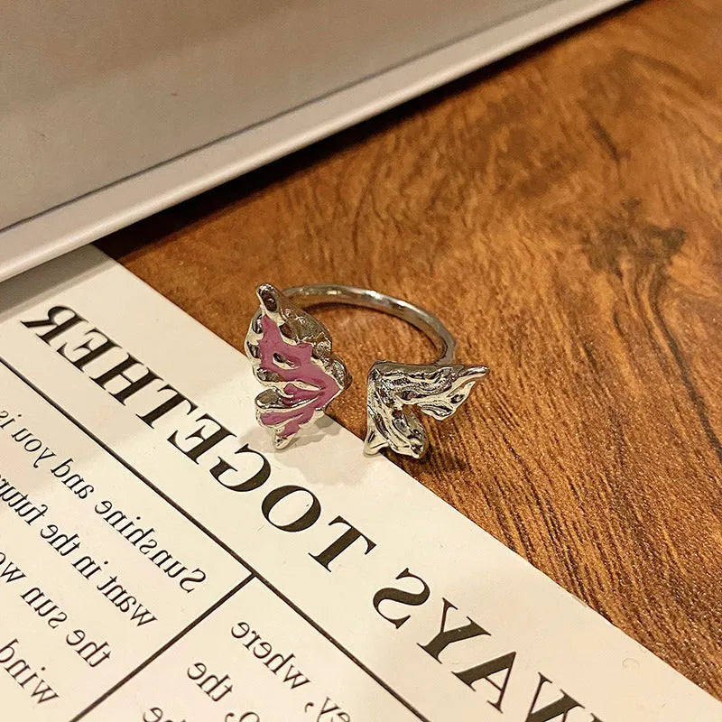 Copper women's ring with Chinese butterfly design and oil-drip finish in simple jewellery style