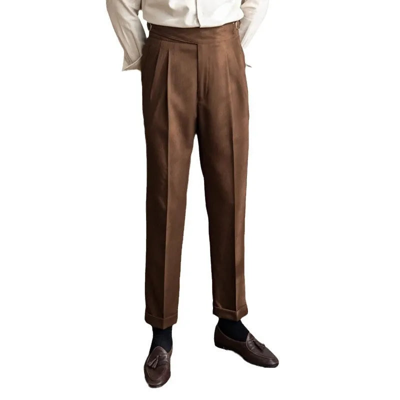 Men's high waist straight leg casual trousers in black, white, khaki, and coffee brown colours