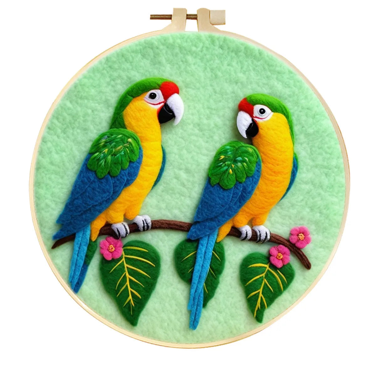 Round linen embroidery frame with wool felt floral decoration kit for three-dimensional wall art