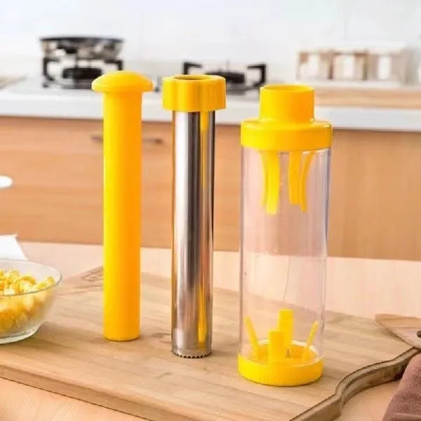 Yellow cylindrical corn stripper kitchen tool 27cm tall with stainless steel threshing mechanism