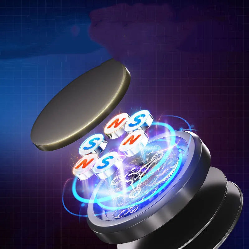 Obsidian black alloy mobile phone holder with magnetic discs on a table