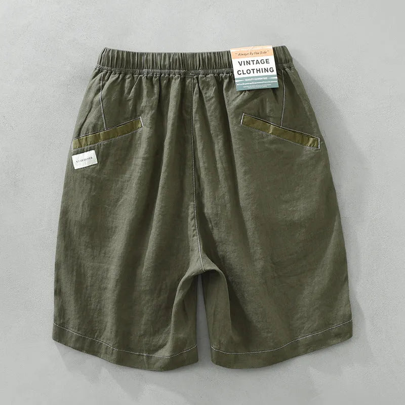 Men's loose straight linen shorts in green or black with drooping casual style