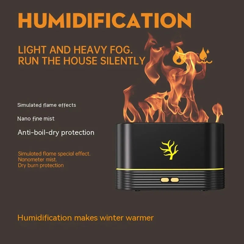 Square black or white USB flame humidifier and aroma diffuser with glowing LED fire effect.