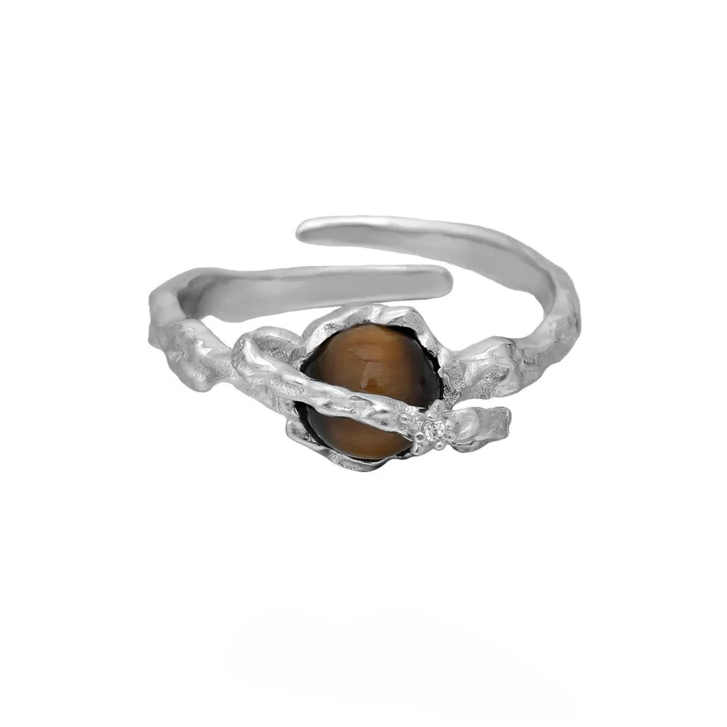 Women's adjustable Saturn open ring in silver with white gold electroplated finish
