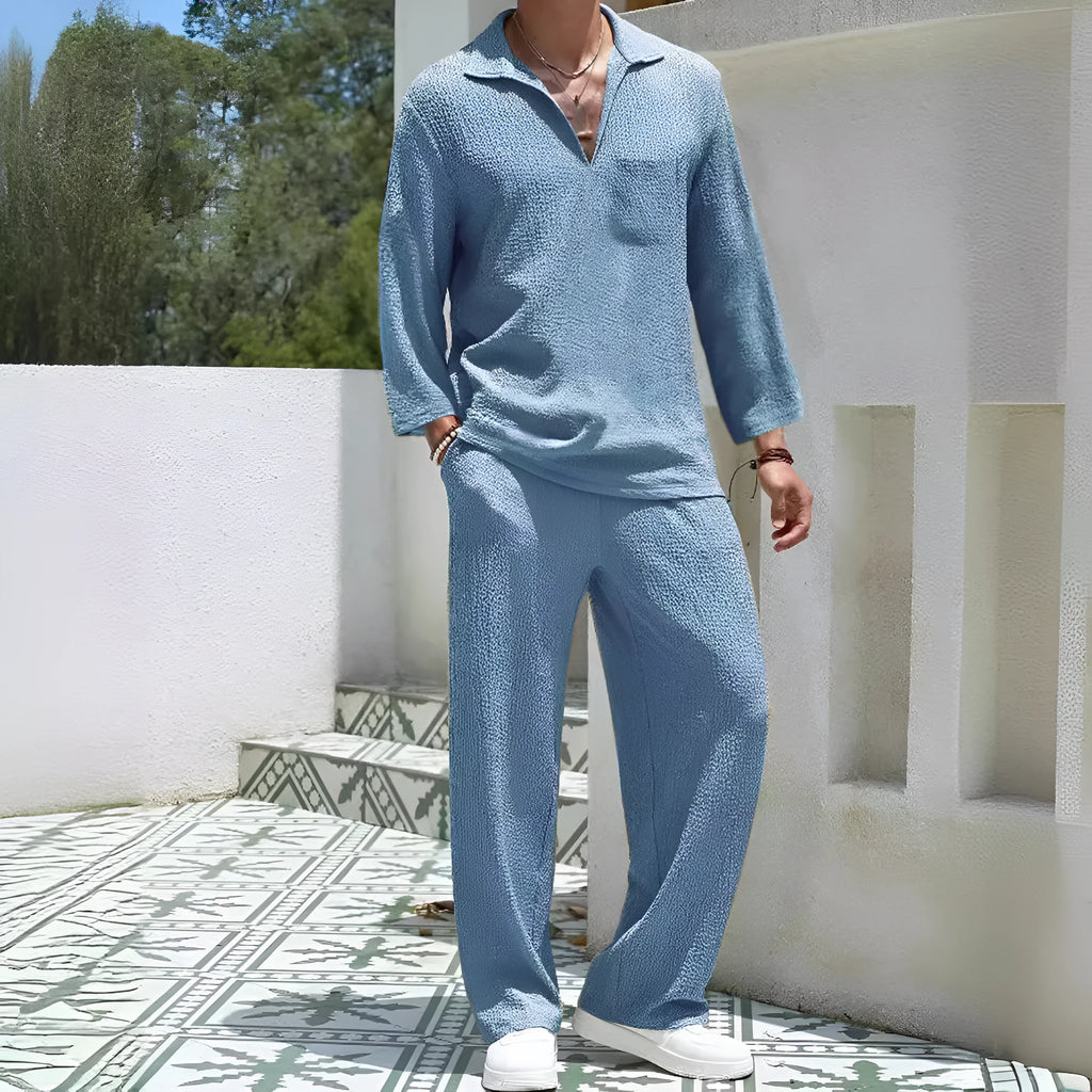Men's casual shirt and trousers suit set in lake blue, khaki, black, or caramel colour.