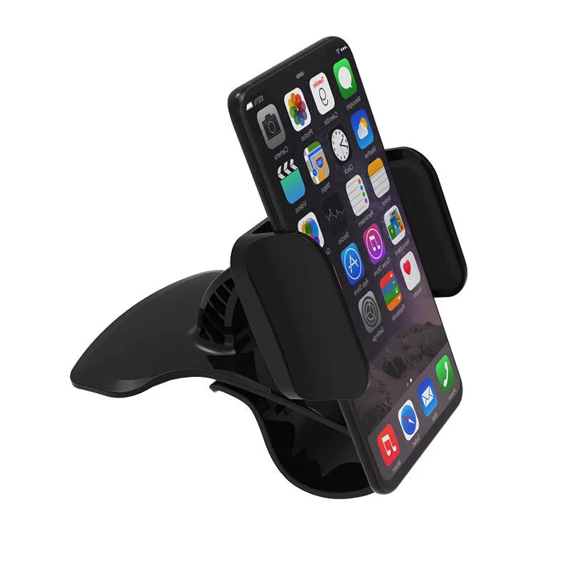 Dashboard car phone holder with silicone-grip bracket mounted on vehicle dashboard edge holding a smartphone