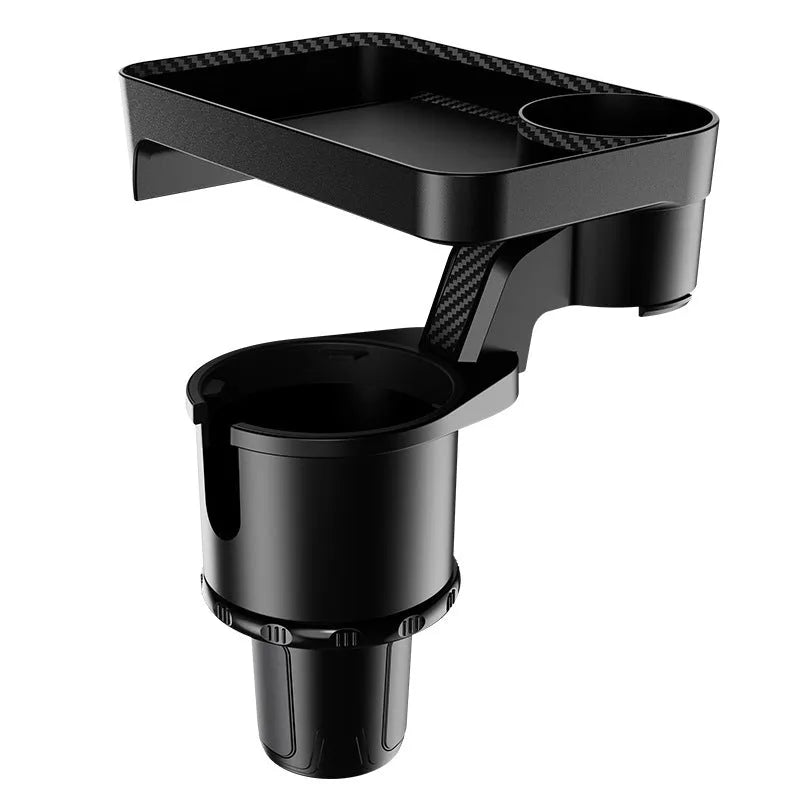 Black ABS plastic car-mounted rotating dinner tray holder shown inserted into a vehicle cup holder.