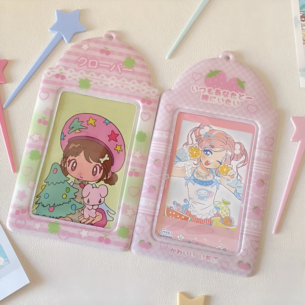 Cartoon strawberry and four-leaf clover design PVC card holders for 3-inch cards.