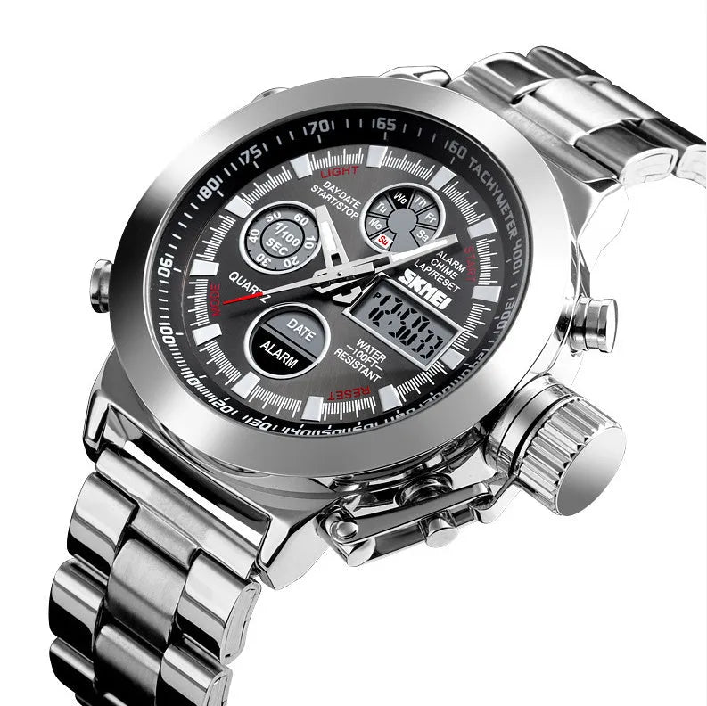 Skmei men's outdoor sports waterproof steel strap wristwatch in black, silver, and rose gold