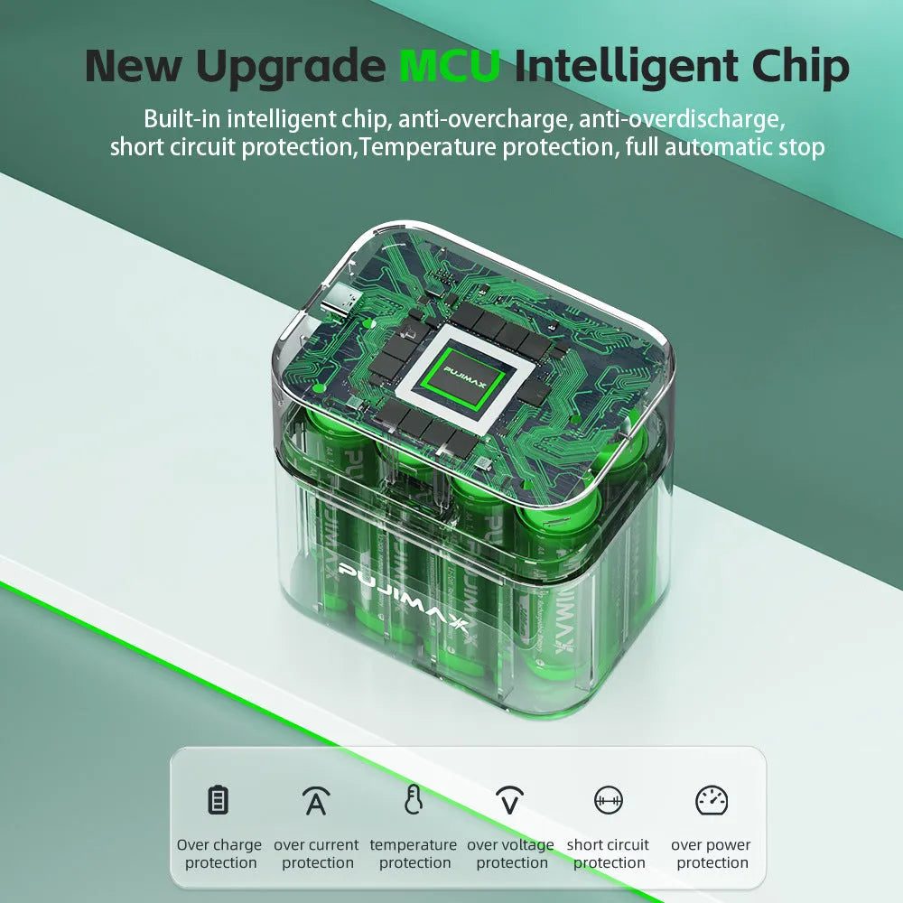Eight-slot AA smart lithium battery charger with Type-C port and green indicator light, charging multiple batteries