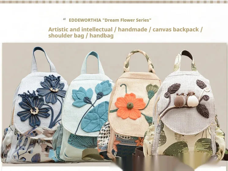Ethnic style retro canvas backpack with floral print and outer pocket, soft construction for leisure travel