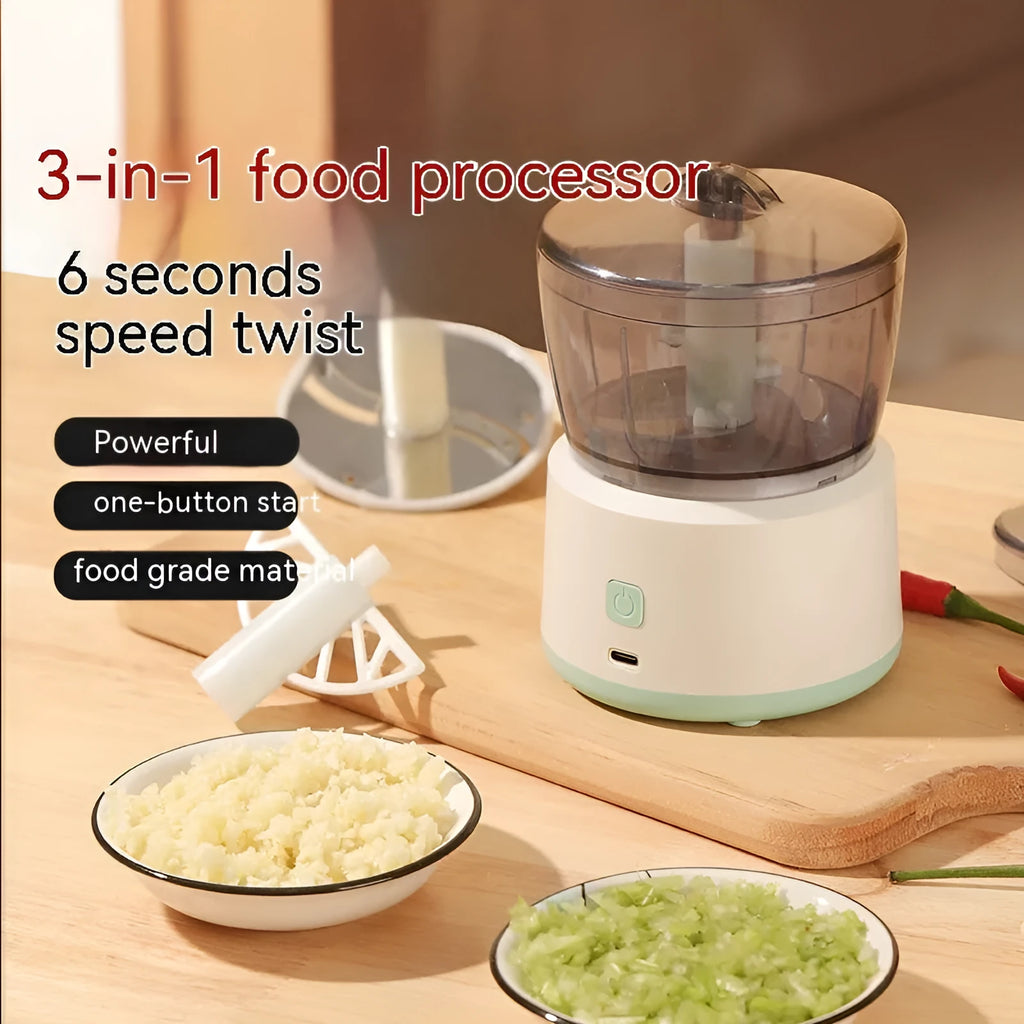 Mini electric meat grinder with transparent 225ml cup and stainless steel blades in light green colour