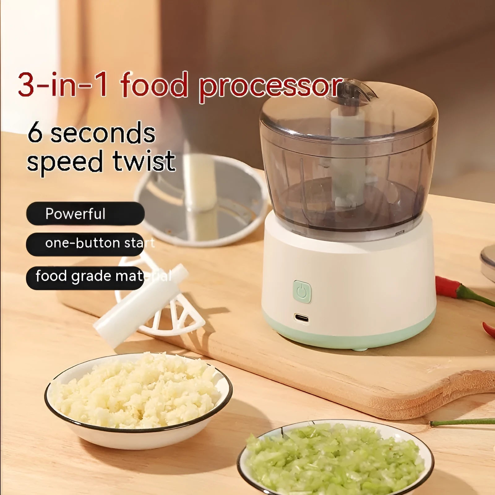 Mini electric meat grinder with transparent 225ml cup and stainless steel blades in light green colour