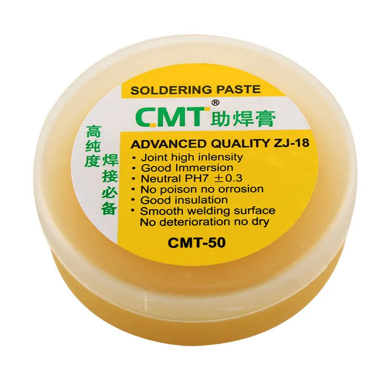 Container of rosin soldering flux paste for use with an electric soldering iron.