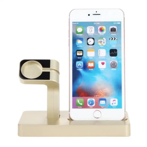 White 2-in-1 desktop charging dock station holding an iPhone and an Apple Watch.